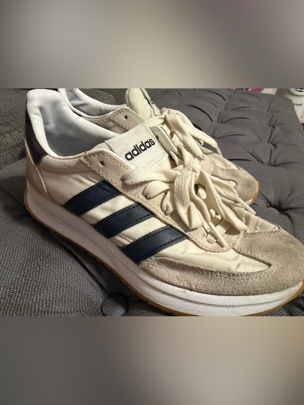 adidas Cream and Navy Low-Top Sneakers